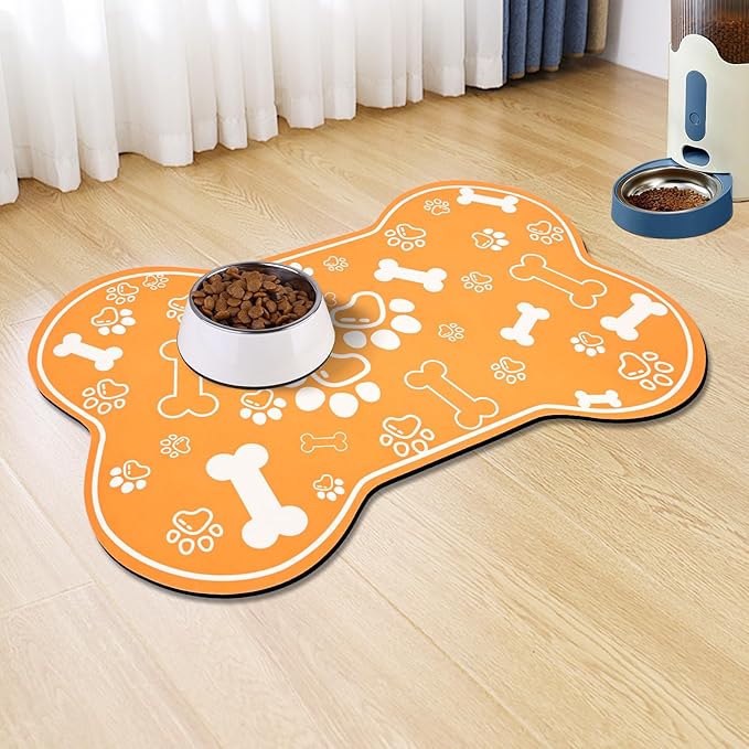 Dog Cat Mat for Food and Water,Rapid Absorbent Pet Feeding Mat, Bone Shaped Dog Placemat Bowl Mat with Rubber Backing,No Stains Pet Food Mats Indoor, Pet Accessories Supplies,Orange 23"×36"