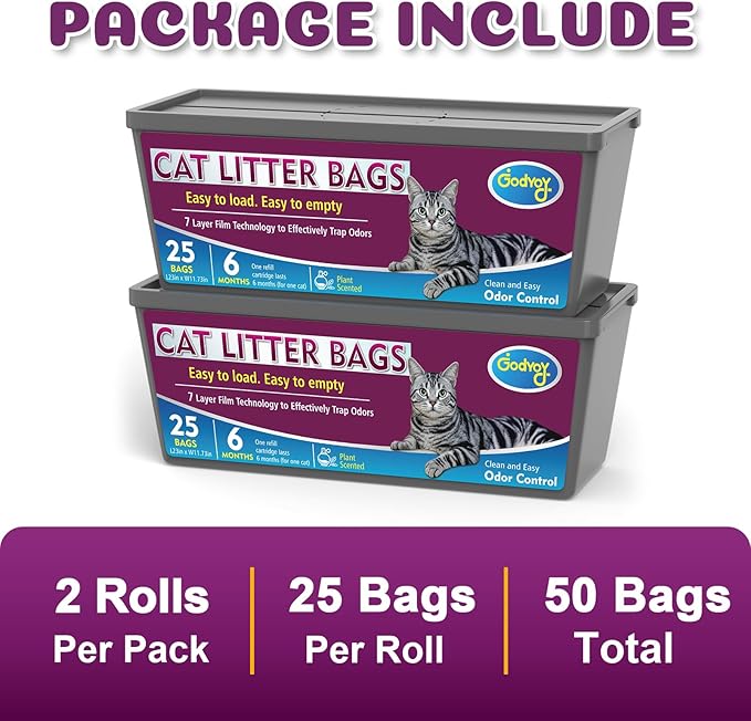 Cat Litter Refill Bags Compatible with Genie Easy Roll Litter Bin, 50 Count Bags Long Lasting Cat Bag Cartridge, 7-Layer Odor Control, Leak-Proof & Easy Tear Design