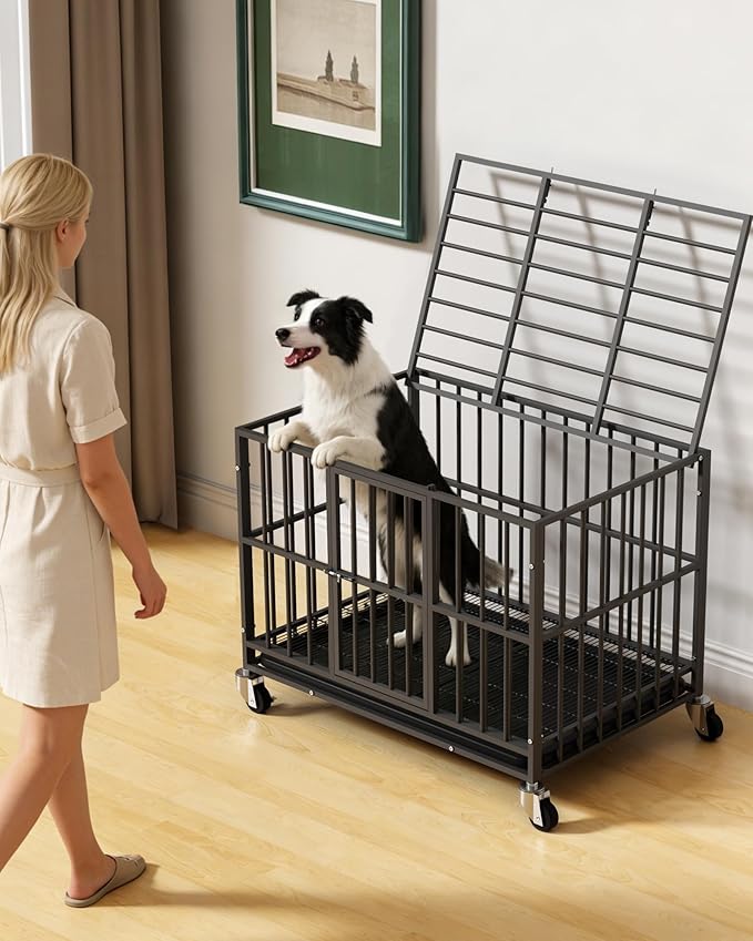 38 inch Heavy Duty Dog Crate with Dual Doors and Lockable Wheels, Large Dog Kennel Indoor, Removable Tray for Easy Cleaning, Dog Cage for Medium to Large Breeds and Anxious Dogs