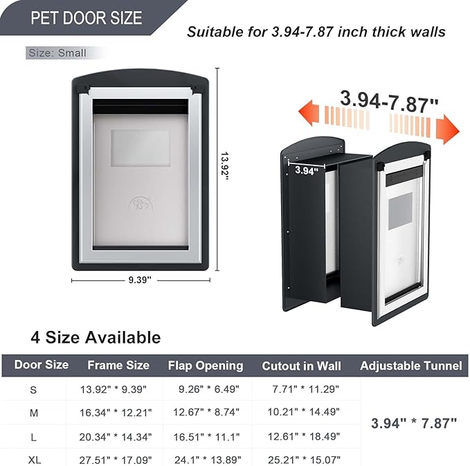 FreeStanding Cat Door for Wall, Steel Frame Cat Doors with Telescoping Tunnel, Magnetic Double Flaps and 2 Security Lock Panels, Cat Door for Interior and Exterior Wall, Small, Gray