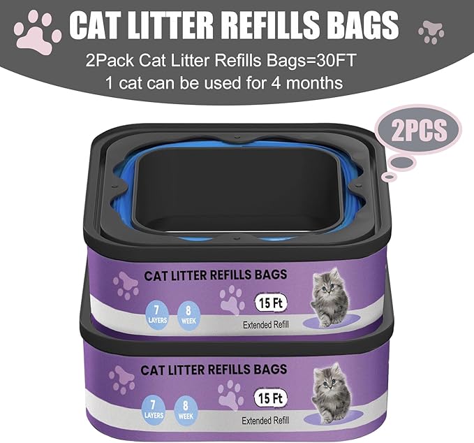 2 Pack Cat Litter Refill Bags Cartridges Compatible with Genie Cat Standard,Plus,Style,XL+ Pails,100% Odor Control