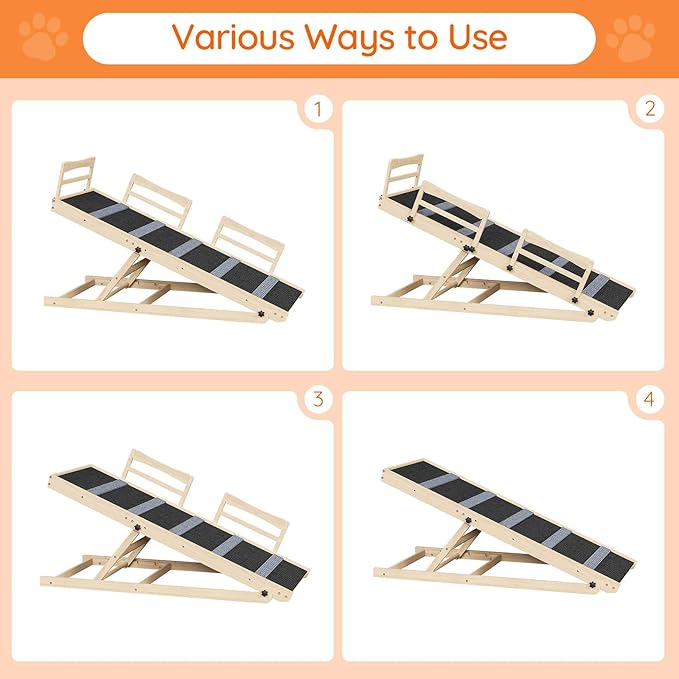 HOOBRO Dog Ramp for Bed, 47.2" Long Foldable Pet Ramp with Non-Slip Mat and Side Rails, Wooden Dog Ramp for High Beds, Couch and Car, 5 Height Adjustable from 15.6" to 25.2", Natural, NB42PT03