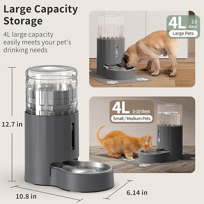 Cat Water Dispenser with Placemat and Stainless Steel Bowl, Automatic Gravity Water Dispenser for Cats or Small Medium Size Dogs, Large Capacity, Easy to Clean and Safe for Pets (4L)