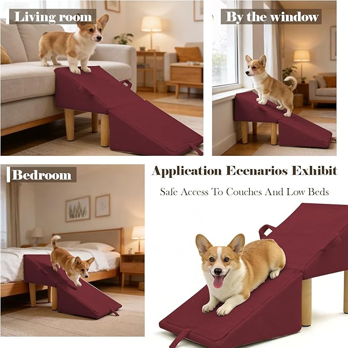 Split Ottoman Dog Ramp for Couch and Low Bed, 2-in-1 Foldable Dog Stairs for Small Dogs and Cats, Wooden Pet Ramp with Non-Slip Surface, Portable Step Stool Design, Claret