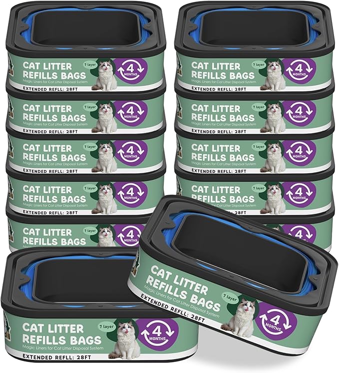Cat Litter Refill Bags Cartridge 28FT, Compatible with Litter Cat Genie Standard, Plus, XL, XL+ Pail Refills, 7-Layer Odor Control Pet Waste Bags 12 Packs