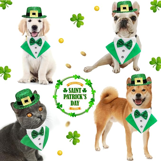 2 PCS St. Patrick's Day Costume Dog Bandana Collar and Pet Top Hat Buckle Green Dog Bow Tie Formal Tux Clothes with D-Ring Irish Tuxedo Saint Patrick Outfits for Dogs Puppy Cat Party Dress (Small)