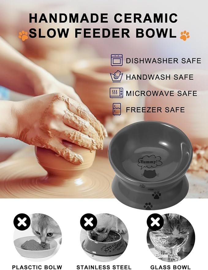 Y YHY Raised Cat Food Bowl, Ceramic Elevated Bowl, Protects Cat's Spine, Anti Vomiting, Backflow Prevention, Grey