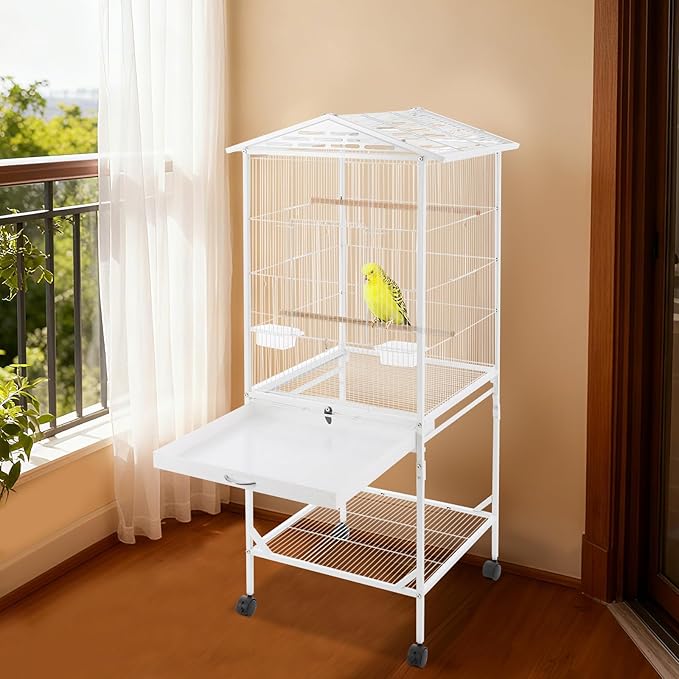 Large Heavy Duty Wrought Iron Bird Cage with Open Play Top Area & Rolling Stand, Spacious Flight Cage for Parrots, Parakeets, Cockatiels & Lovebirds (White)