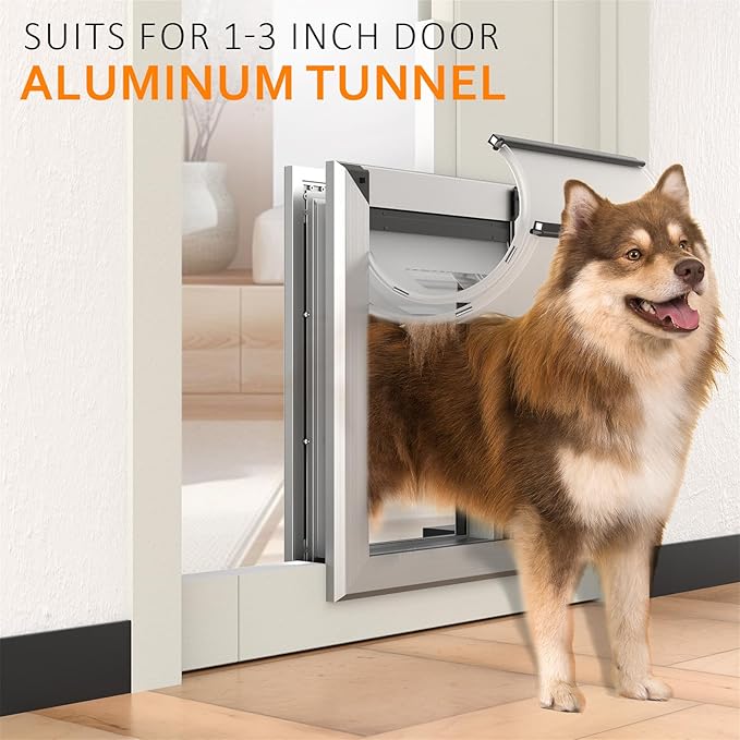 [Classicmacher] Heavy Duty Dog Door with Double Sliding Lock Panel, Aluminum Large Doggie Door for Exterior Door, Magnetic Double Flaps Do g Door for L arge and Medium Dog Up to 100Lbs (Large,Silver)