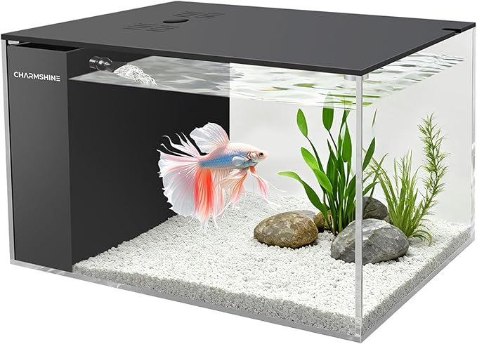 Small Fish Tank Betta 2.5 Gallon Desktop Aquarium Kit with LED Light and Water Pump & Black Filter Sponge & Bio Ball Filter Media Compact Aquarium for Betta Fish, Shrimp(Black