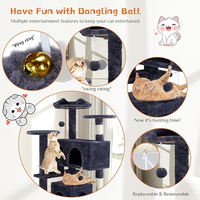 Sweetcrispy 54 Inch Cat Tree Tower, Multi-Level with Cat Scratching Post, Indoor Cat Condo with Climbing Ladder, Plush Toy, Play House for Cat, Dark Grey