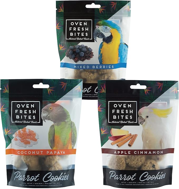 Oven Fresh Bites Natural Baked Treats, All-Natural Bird Treat Parrot Cookies, 4 Oz, Peanut Butter/Coconut Papaya/Oatmeal Raisin, 3-Pack