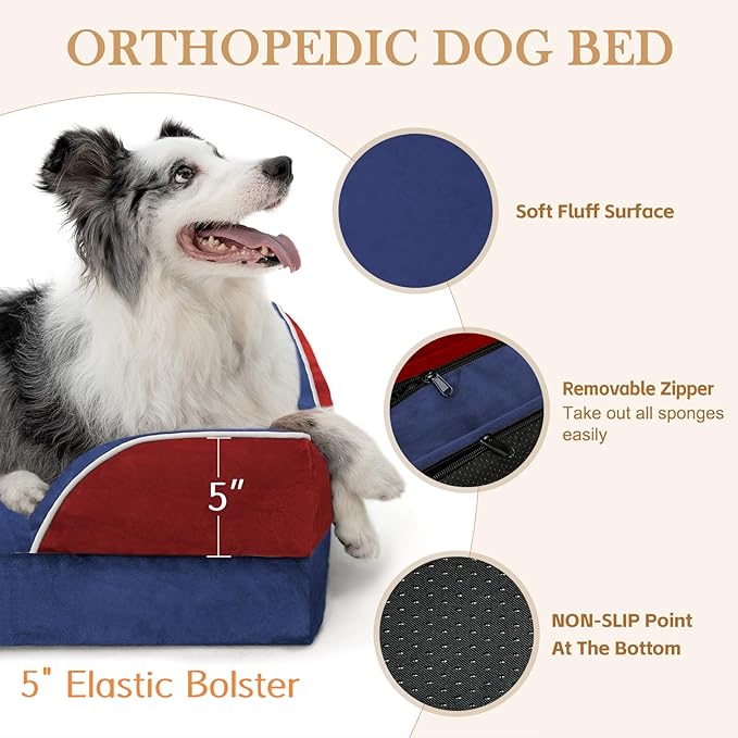 Comfort Expression Orthopedic Dog Bed for Extra Large Dogs 45x35 Inch, Waterproof Egg Crate Foam XL Pet Bed with Removable Bolsters, Dog Couch with Washable Cover & Non-Slip Bottom, Classic Tri-Color