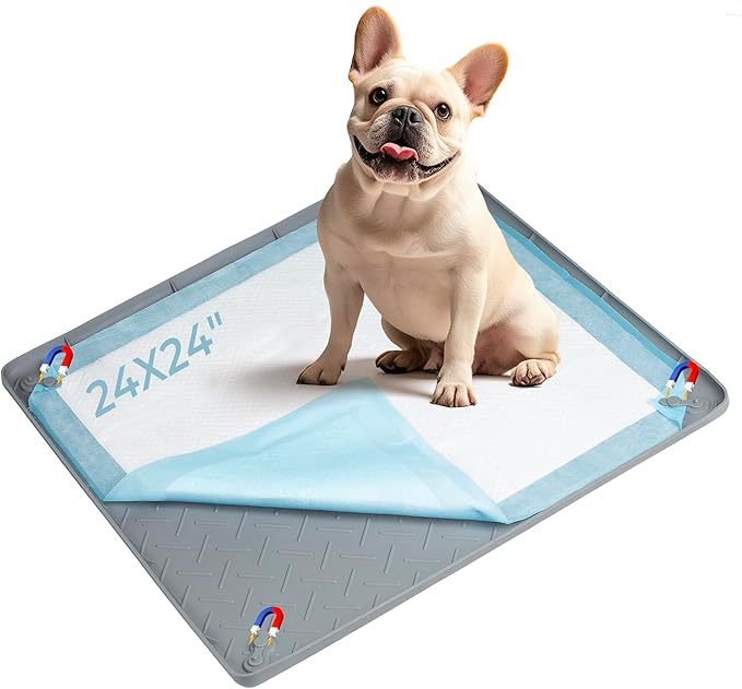 Pee Pad Holder for Dogs, 24" x 24" Non-Slip Silicone Puppy Pad Tray with 4 Magnetic Clips, Leak-Proof Raised Edge, Reusable Waterproof Puppy Training Mat for Indoor Floor Protection
