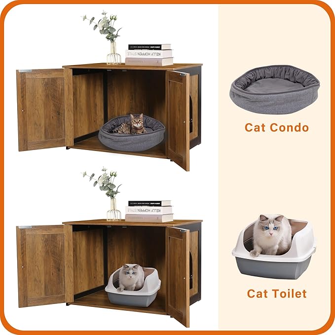 Dwanton Litter Box Enclosure, Cat Litter Box Furniture Hidden, Reversible Entrance Can Be on Left or Right Side, Wooden Cat Washroom Indoor, Warm Brown, 27.6 Inches