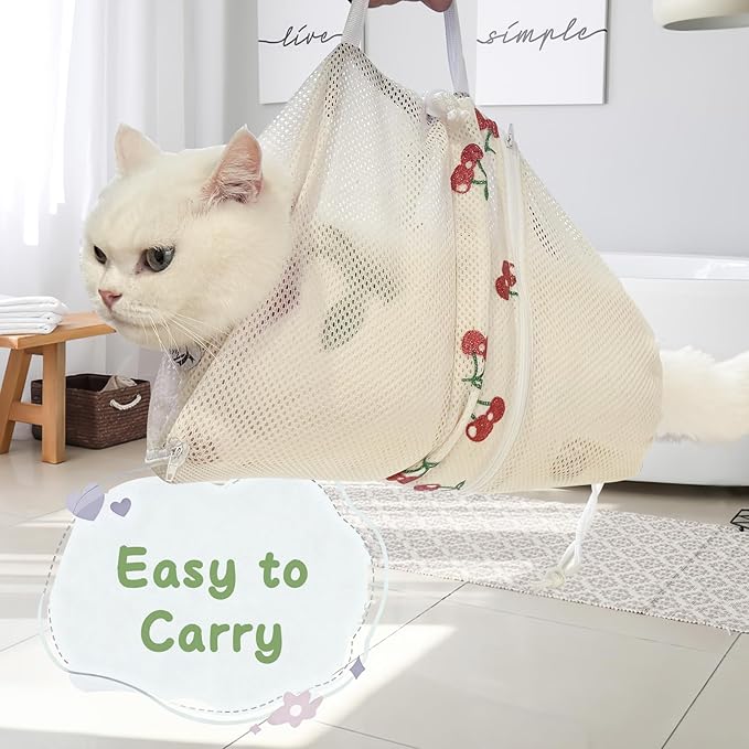 Cinf Cat Bathing Bag, Breathable Mesh Anti Scratch Adjustable Cat Grooming Bag for Nail Trimming, Bathing Soft Cat Washing Bag(White&Cherry) M