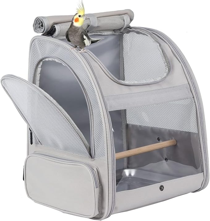 Bird Carrier Backpack, Portable Pet Travel Cage, Transport Bag for Parrots, Small Birds (Grey, 0628)