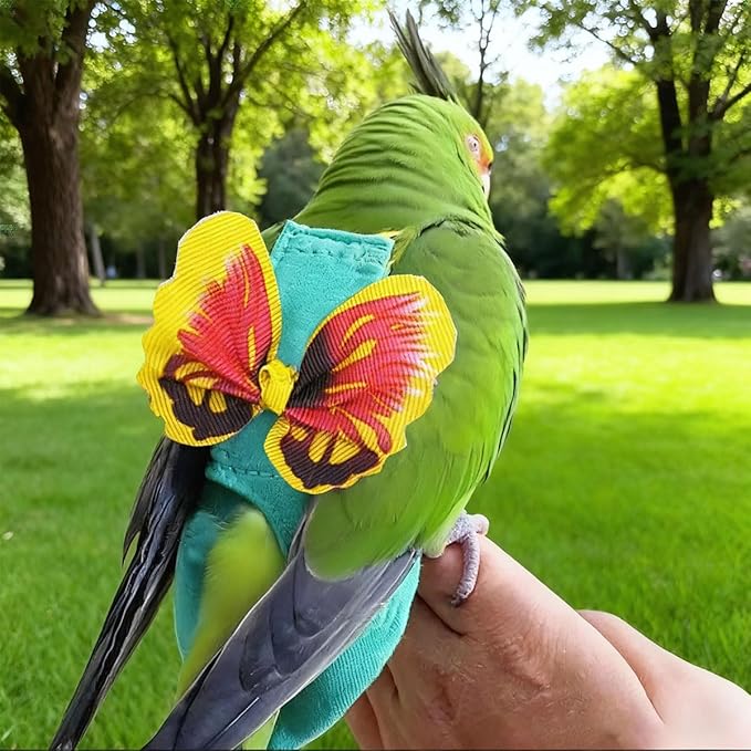 Escape-Proof Parrot Harness & Leash Set with Diaper - Adjustable Flight Suit with Bow & Safety Cord for Conures, African Grey, Parakeets, Doves (Yellow-M)