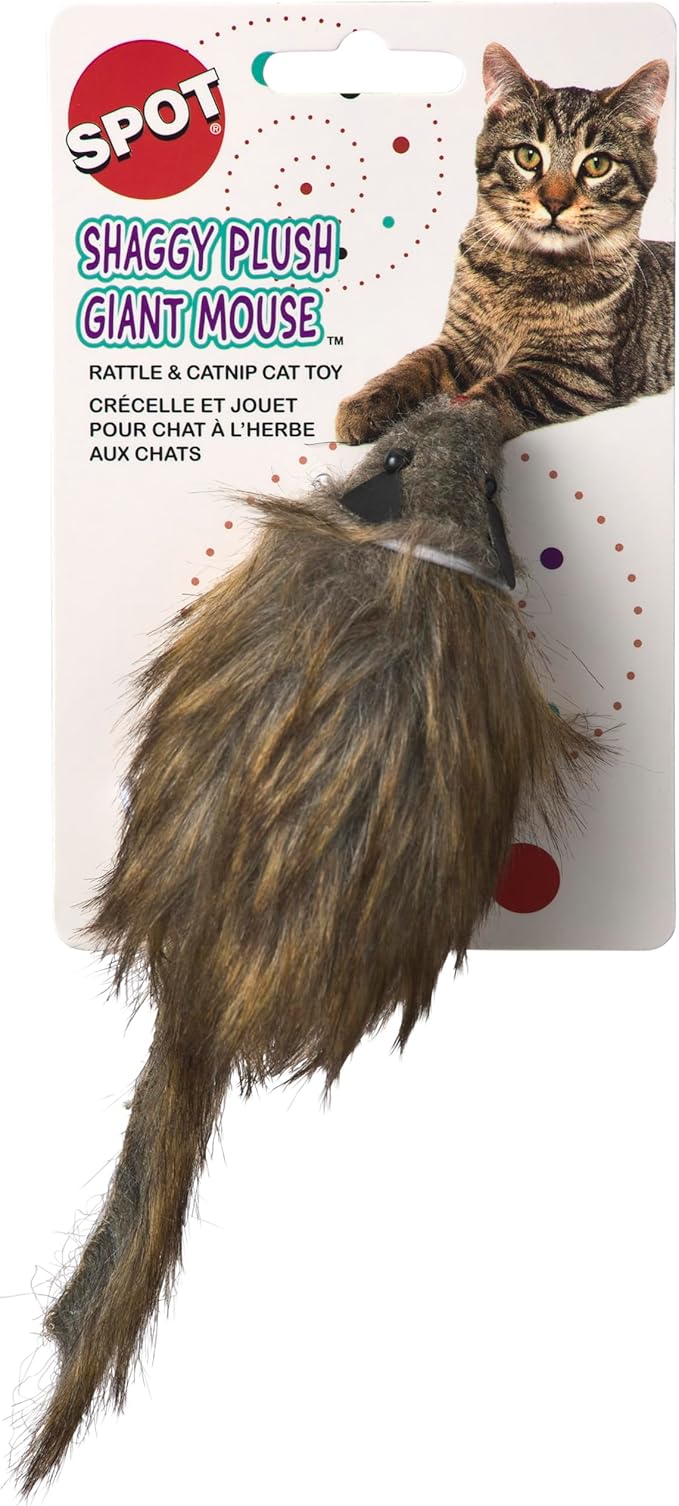 SPOT Shaggy Plush Giant Mouse - Cat Toy, Fuzzy Mice with Catnip and Rattle Toy for Indoor Cats and Kittens, Perfect Size for Pouncing on, Chasing, Hunting - 8.5in, 1 Piece