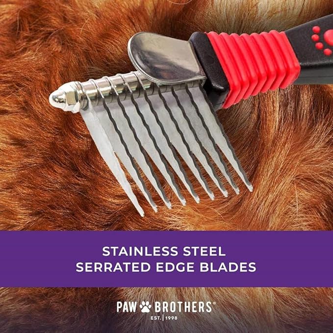 RYAN'S PET SUPPLIES Paw Brothers 8-Blade Dematting Brush, Comb Tool for Dog Grooming, Stainless Steel Blades, Comfort Grip, Gentle on Skin, Doodles, Poodles, Rake for Matted Fur Removal