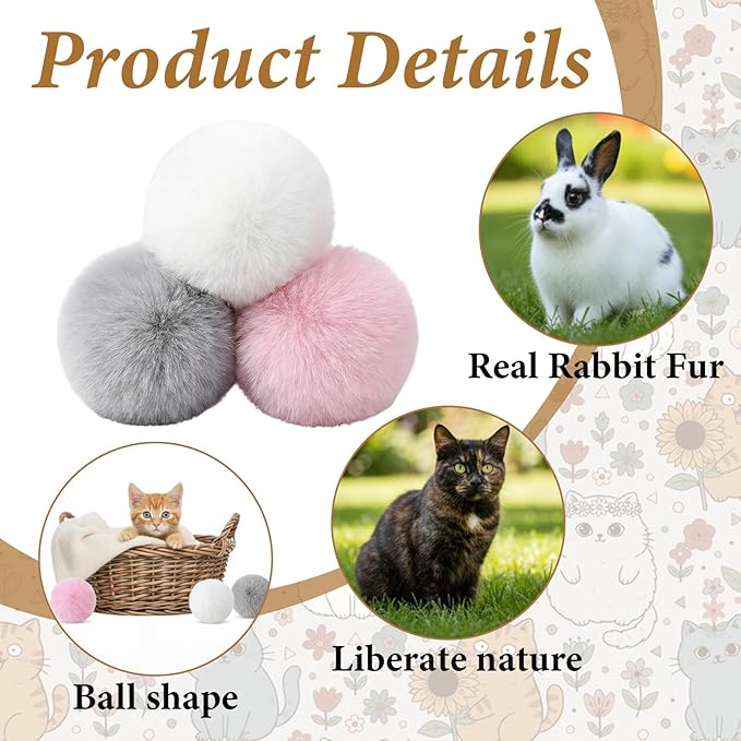 9 Pieces Furry Cat Toys Fuzzy Cat Balls Toys Pom Pom Kitty Ball Cute Rolling Cats Toy Artificial Plush Ball (Pink, Grey, White)