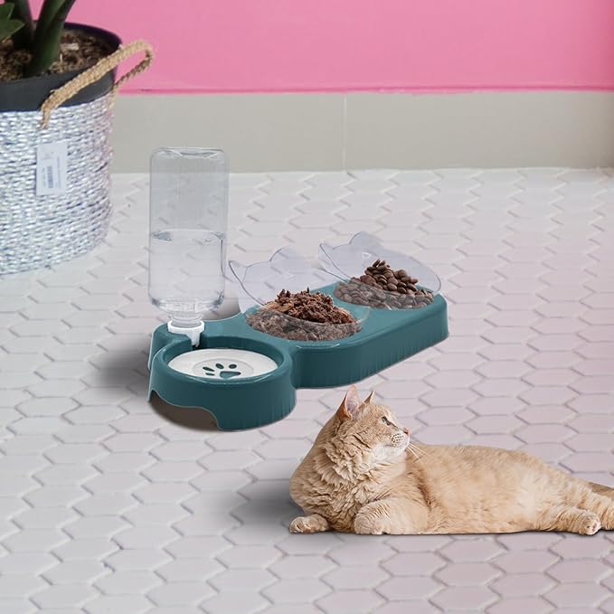 Triple Dog Cat Bowls, 15 Tilt 3-in-1 Water Feeder Bowls with Automatic Water Bottle Bowl, Removable Cat Wet and Dry Food Bowl Set for Small Cat and Puppy (Navy Blue)