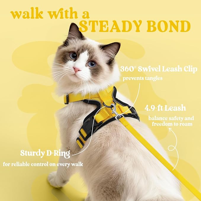 rabbitgoo Cat Harness and Leash for Walking, Escape Proof Soft Adjustable Vest Harnesses for Cats, Easy Control Breathable Reflective Strips Jacket, Yellow, S