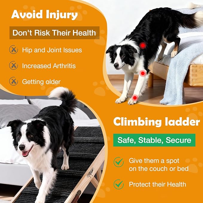 39" Long Dog Ramp for Bed, Couch & Car - 5 Level Adjustable Height (10.4" to 24.4"), Foldable Portable Wooden Pet Ramp with Non-Slip Surface, for Small & Old Dogs Up to 70 LBS