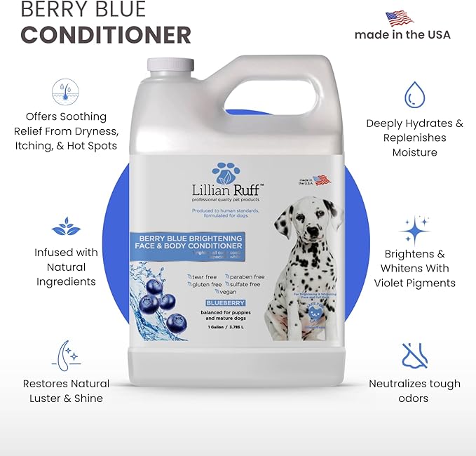 Lillian Ruff PRO Formula Berry Blue Brightening Dog Conditioner - Professional Whitening Conditioner, Hydrate Dry Skin, Soften, Detangle, Restore Shine - Provitamin B5, USA Made 128oz+Pump