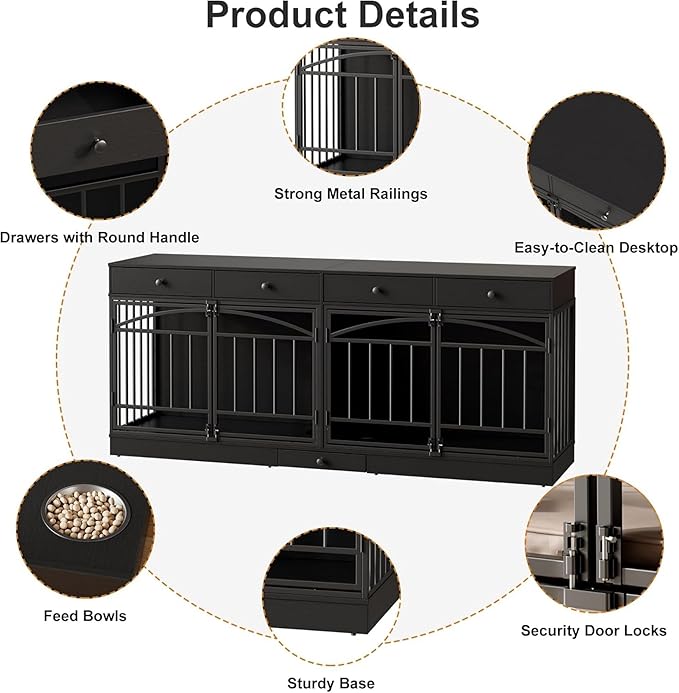 GAOMON Dog Crate Furniture for 2 Dogs, 78.7'' Large Dog Kennel Indoor with 4 Storage Drawers and Feeding Bowls, Double Dog Crate TV Stand for Small and Medium Dogs, Black