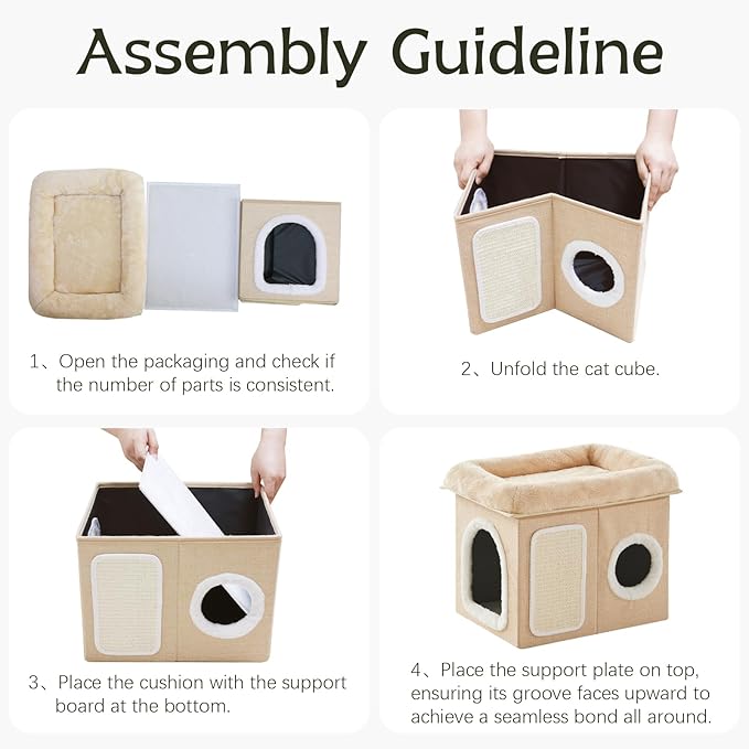 WINDRACING Cat Beds for Indoor Cats - Cat House for Pet and Foldable Cat Cave Bed with Scratch Pad, Cat Hideaway Condo for Kitten, 16.9x12.8x14.2 inches, Beige