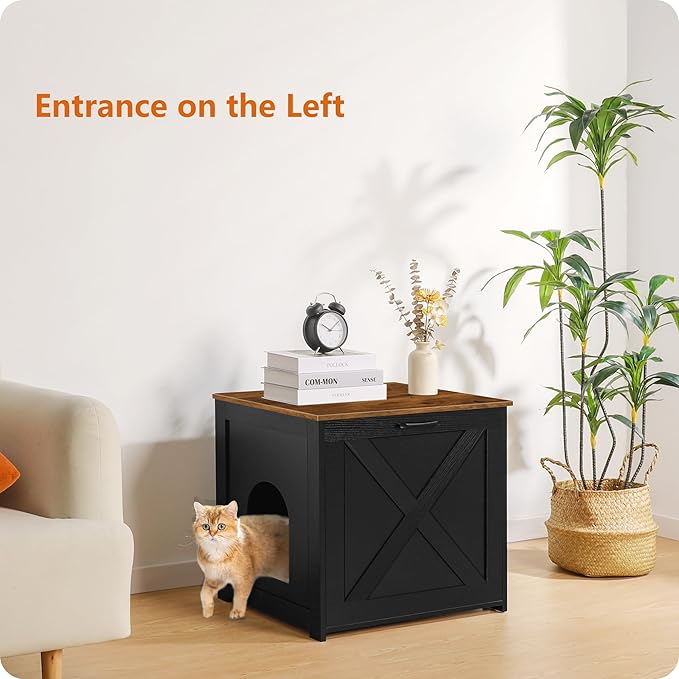 Dwanton Cat Litter Box Furniture Hidden, Cat Litter Box Enclosure, Reversible Entrance Can Be on Left or Right Side, Indoor Cabinet, Wooden Washroom, Nightstand, Black and Warm Brown, 23.6" L