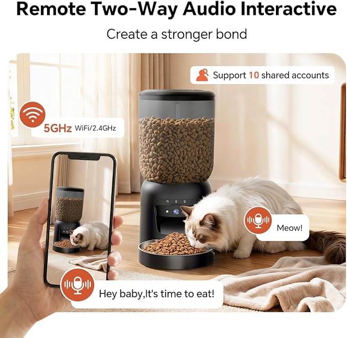 Automatic Pet Feeder with 3K HD Camera & App Control - Smart Dog Cat Feeder, 2.4G/5G WiFi, 2-Way Audio, Night Vision, Slow Feed, 6L Capacity, Battery Backup, Anti-Jam, Freshness Seal,Black