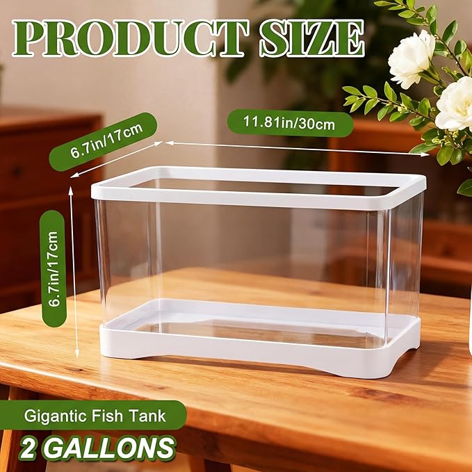 Geelin 2 Gallon Plastic Rectangular Fish Tank, Aquarium for Betta Fish Reptiles Succulents Flower Centerpiece, Shatterproof with Clear Clarity for Home Office Desktop Decors (White)