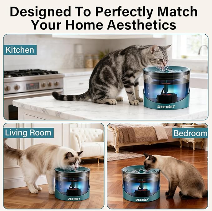Cat Water Fountain, 74oz/2.2L Ultra Quiet Automatic Water Dispenser for Cats Dogs with Colorful LED Indicator, Water Bowl for Pets with Filter