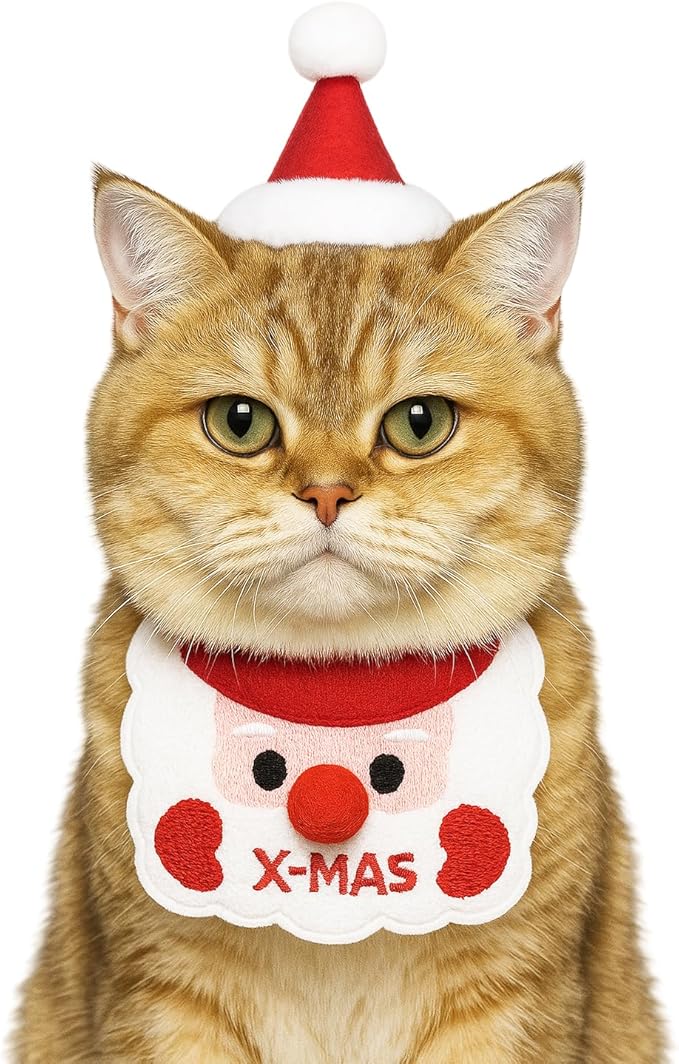 Cute Pet Christmas Costume Bandana Scarf Bib and Hat Set for Cat Small Dog, Cat Christmas Outfit Party Holiday Decorations(Red)