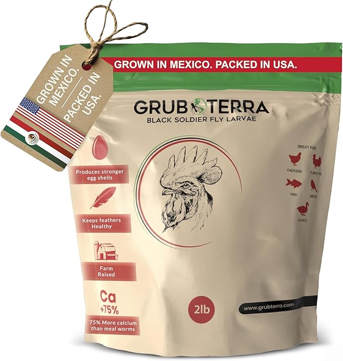 GrubTerra Black Soldier Fly Larvae for Chickens – Dried BSFL Poultry Treat, High Protein Calcium Feed Supplement for Laying Hens, Backyard Chickens, Sourced from Mexico, Not from China - 2LB