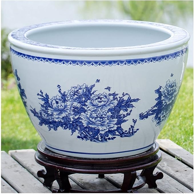 Fish Tabk Chinese Style Blue and White Ceramic Goldfish Bowl Fish Tank Balcony Fish Culture Tank Courtyard Lotus Tank Turtle Tank Aquarium Starter Kits Cool Fish Tank(Color:C,Size:63cm)