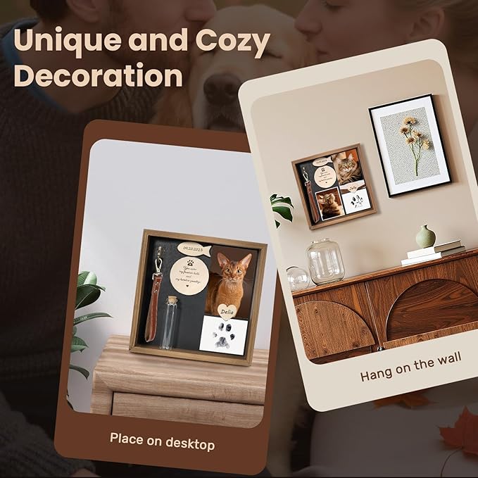Cat Memorial Gifts for Loss of Cat, Pet Memorial Gifts for Cats, 8.6'' Shadow Box with Wooden Sculptures, Fur Jar, Sympathy Gift for Tabletop Display & Wall Hanging