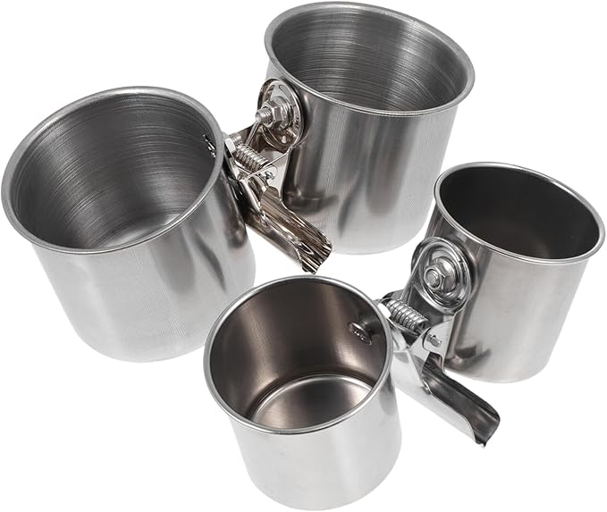 POPETPOP 2pcs Stainless Steel Bird Feeder Bowls with Clamp 5.5cm and 7cm Feeding Cups for Parrots and Small Birds for Feeding and Watering Supplies