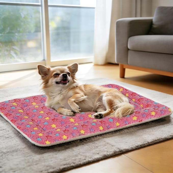 Mora Pets Dog Bed Crate Pad Ultra Soft Pet Bed with Cute Star Print Washable Crate Mat for Large Medium Small Dogs Reversible Fleece Dog Crate Kennel Mat Cat Bed Liner 23 x 18 inch Pink