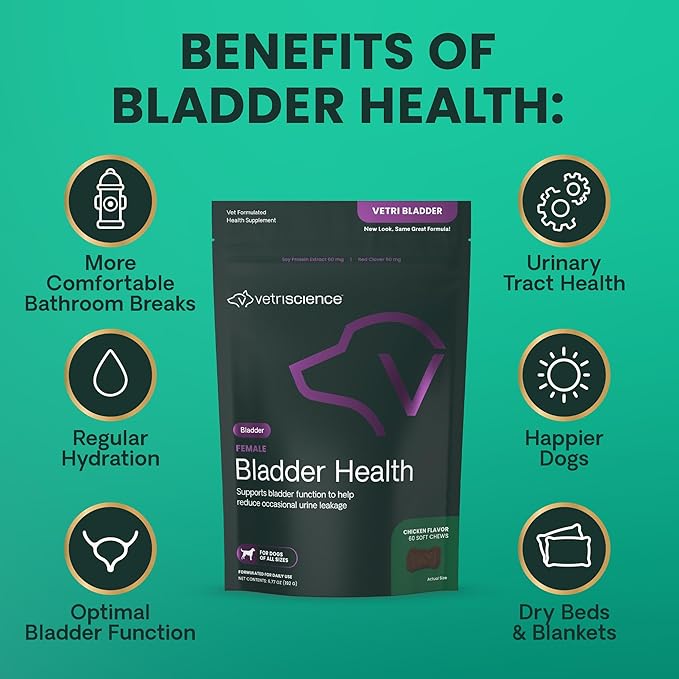 VETRISCIENCE Bladder Health Chews, Vetri Bladder Supplement for Dogs, Incontinence Support, Reduce Urine Leakage and Overactive, Soy Protein and Red Clover, Chicken, 60 Count (Pack of 12)