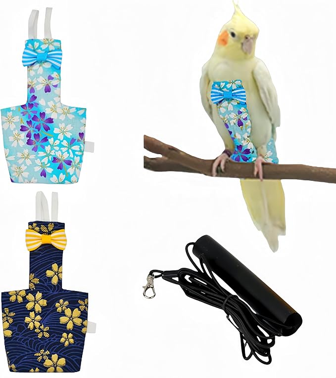 2 Pcs Bird Diapers Bird Harness Flight Suits Diapers with 80in Flying Leash Reusable Parrot Nappy with Waterproof Inner Layer for Cockatiel Budgie Conure Parakeet Lovebird-Dark&Light Blue