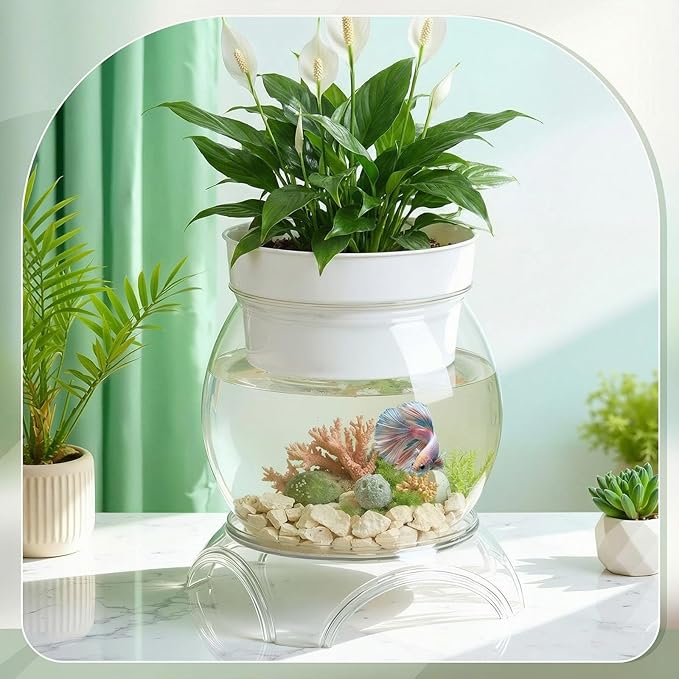 Geelin 3 Gallon Plastic Aquaponic Betta Fish Tank Aquaponic with Base and Top, Small Bowl Shatterproof Ecosystem Aquarium with Clear Clarity for Terrarium, Flower Vase Betta Fish Centerpiece Gifts