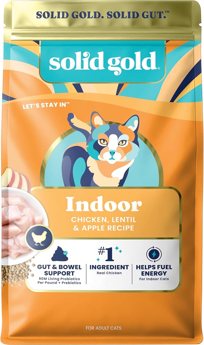 Solid Gold Indoor Dry Cat Food - Grain Free & Gluten Free - Chicken Cat Food Dry Kibble for Indoor Cats w/Probiotics & Fiber for Gut Health - Sensitive Stomach & Hairball Support for Adult Cats - 6LB