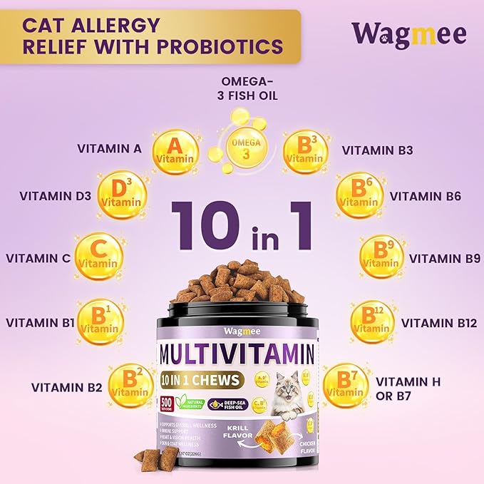Cat Multivitamin with Fish Oil, 10 in 1 Taurine for Cats Vitamins Treats - 500 Crunchy & Creamy Chews Supports Energy, Bone, Joint, Skin & Coat Health - with Omega 3s, Biotin for All Breeds & Ages