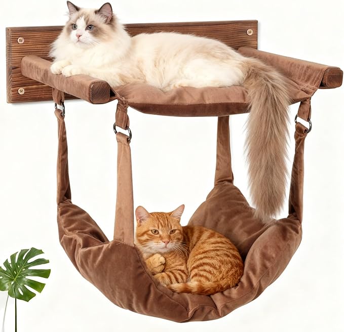 JSPYFITS Wooden Cat Wall Hammock, 18.9 x 12.6 Inch Double Layer Cat Furniture Hammock, Large Removable Multi-Function Cats Bed for Sleep/Play/Climb/Lounge Easy DIY Installation(Brown)