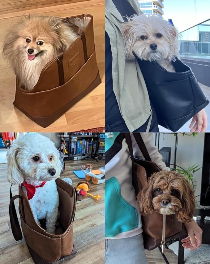 Faux Leather Dog Carrier for Small Dogs, Water-Resistant Designer Dog Purse with Safety Harness, Fashion Pet Carrier for Dogs 5-15 lbs, Luxury Dog Shoulder Carrier, White
