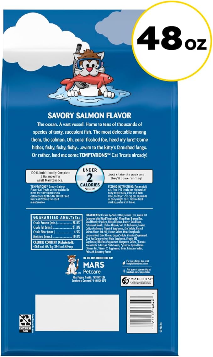 Temptations Cat Treats Classic Crunchy and Soft Cat Treats, Savory Salmon Flavor, 48 oz. Bag