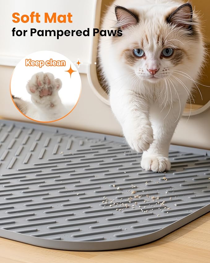 Cat Litter Box Mat, 47" x 37" Extra Large Cat Litter Mat, Silicone Waterproof Litter Trapping Mat for Scatter Control Soft on Kitty Paws Non-Slip Easy to Clean（Grey)